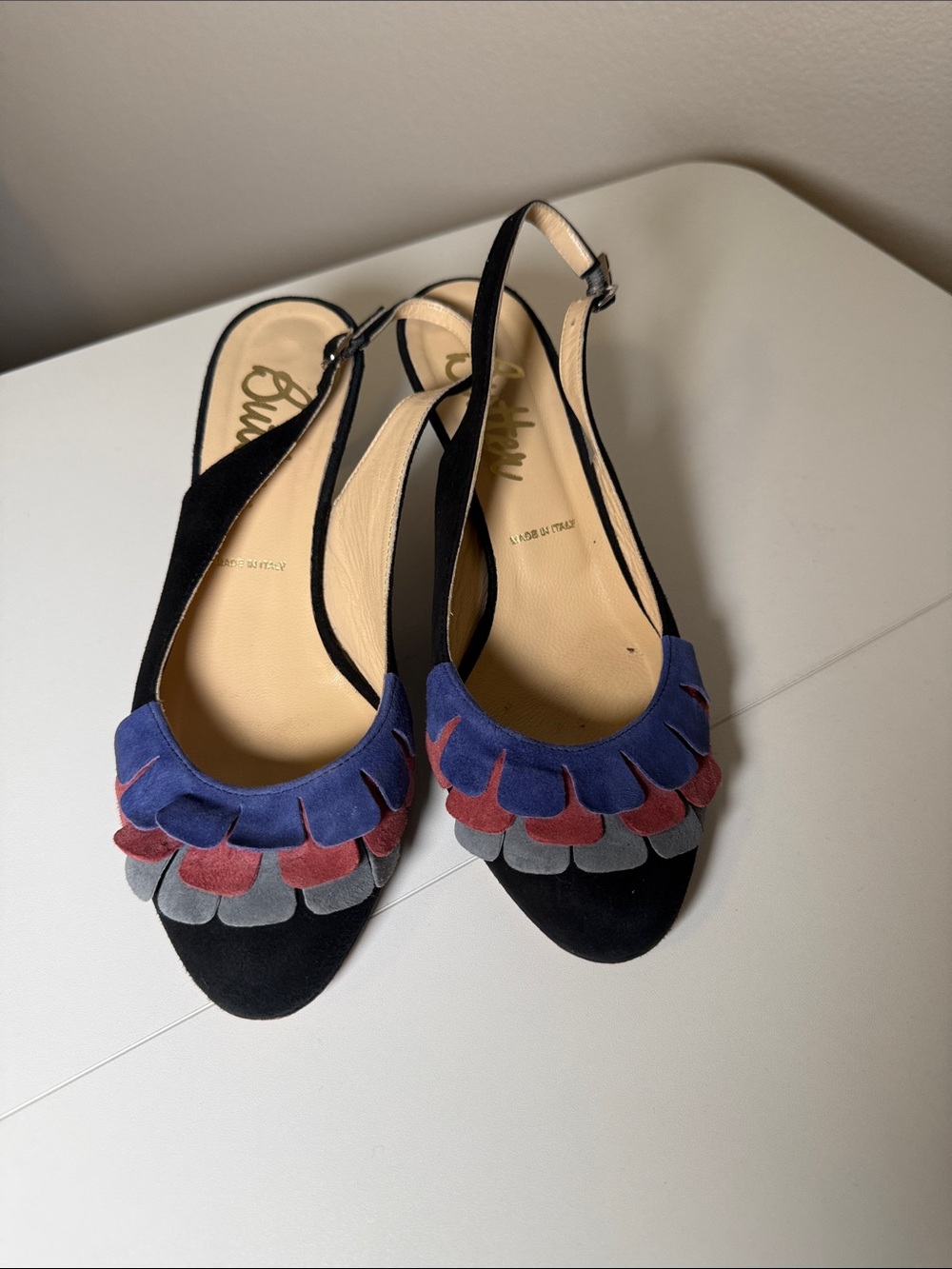 Butter Black Suede Slingback Flats with Blue, Red and Gray Petal Trim